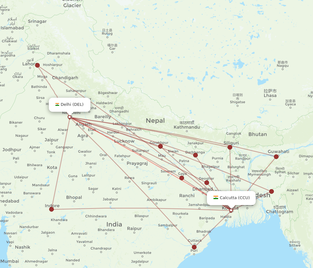 DEL to CCU flights and routes map