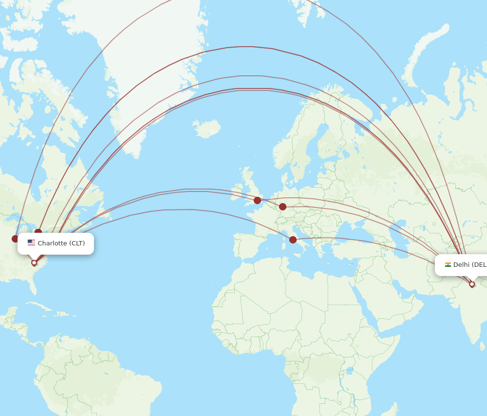 DEL-CLT flight routes
