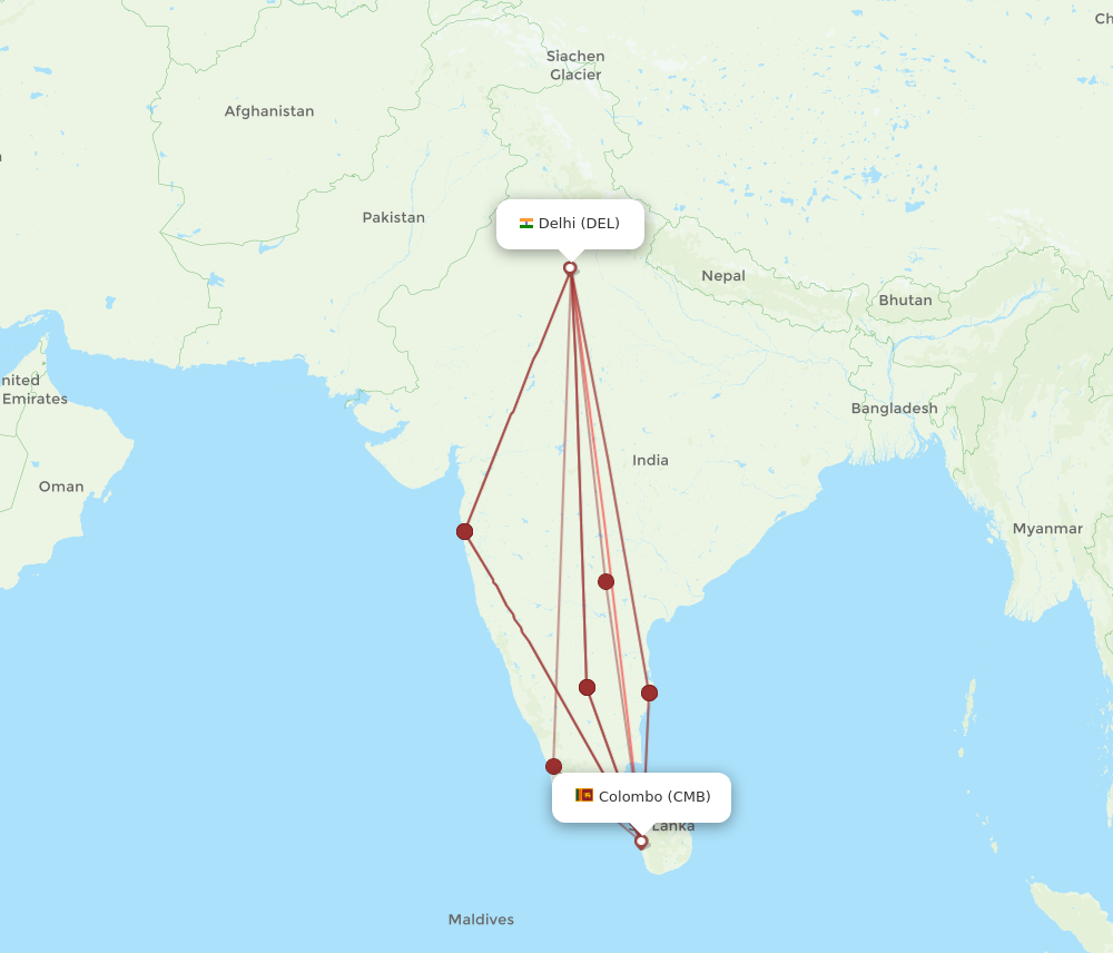 DEL to CMB flights and routes map