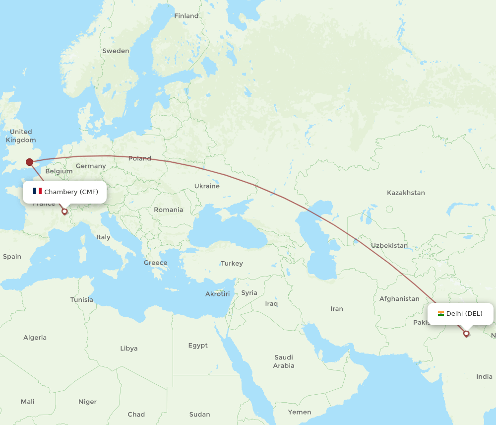 Delhi - Chambery route map and flight paths