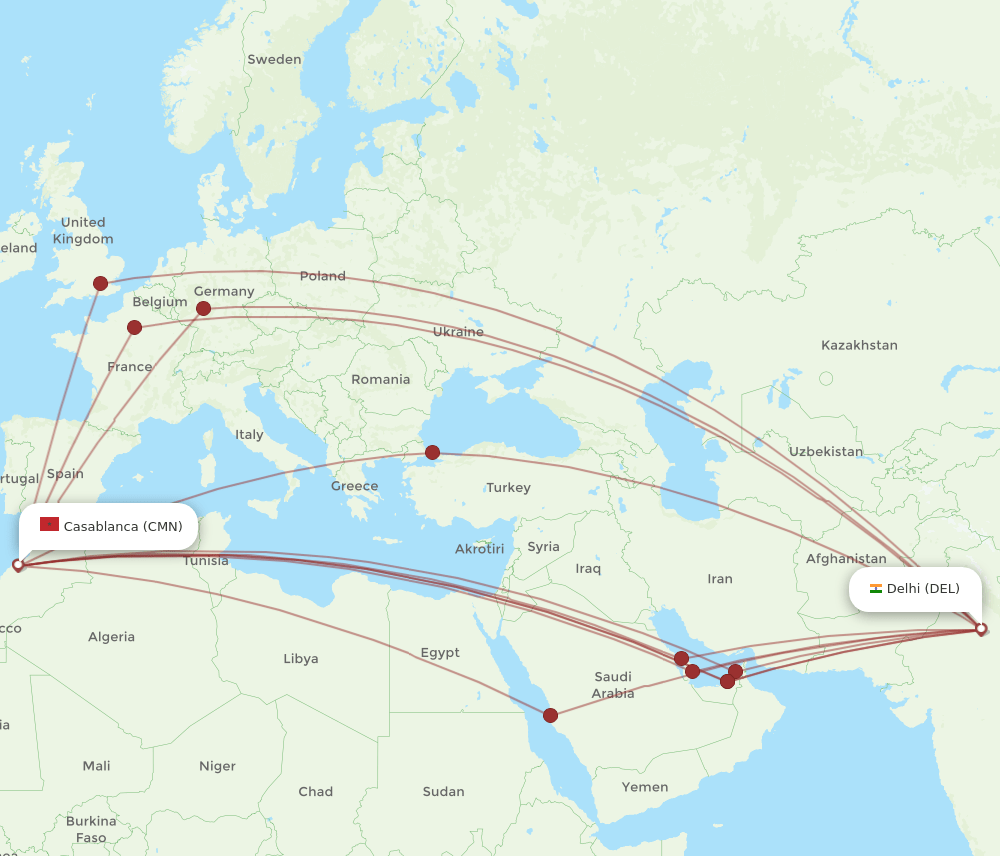 DEL-CMN flight routes