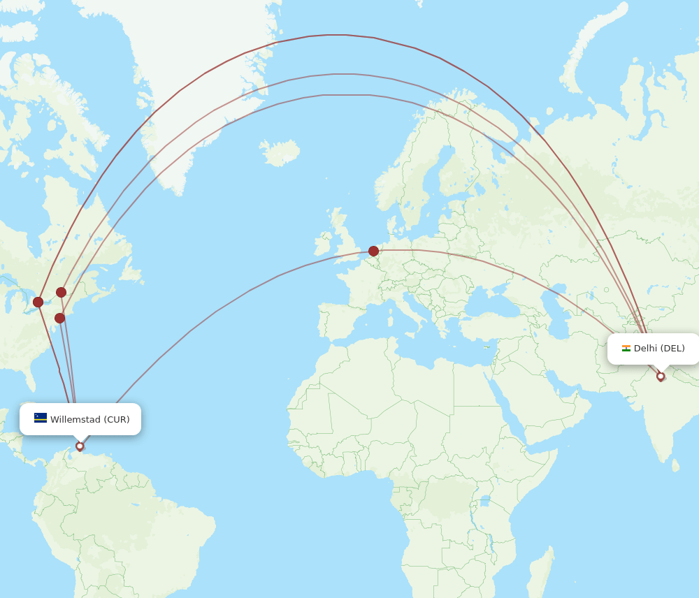 DEL to CUR flights and routes map