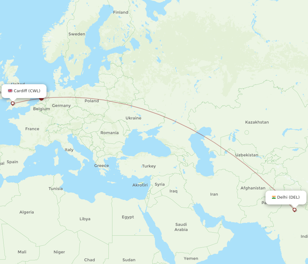 DEL-CWL flight routes