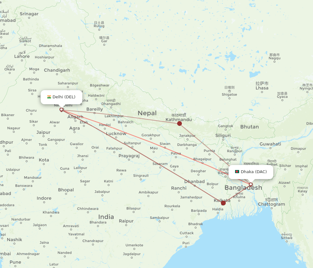 DEL to DAC flights and routes map