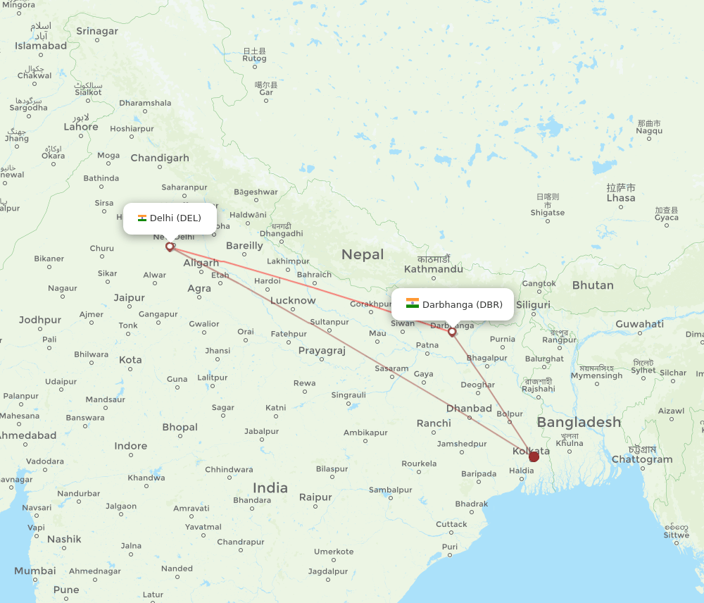 DEL to DBR flights and routes map