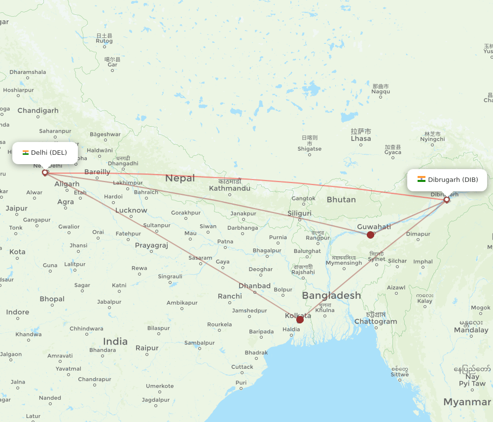 DEL-DIB flight routes