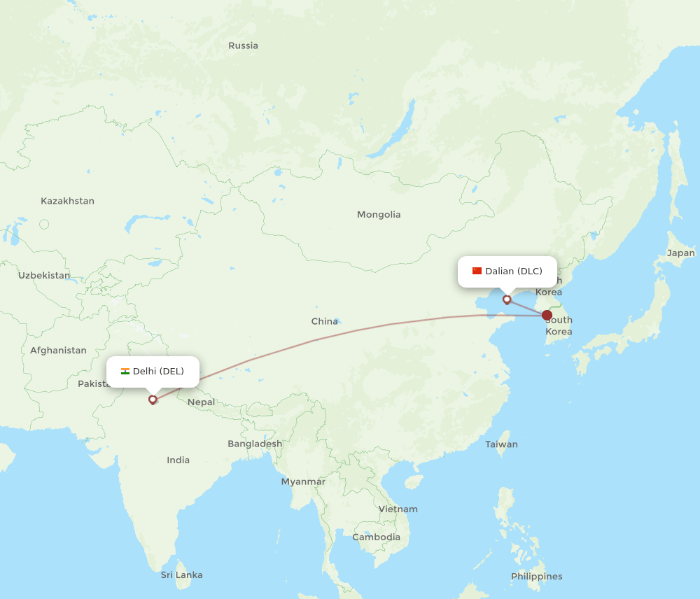 Dalian - Delhi route map and flight paths