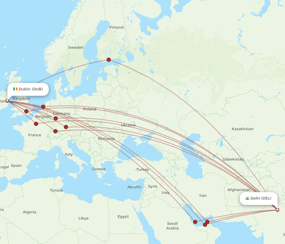 DEL to DUB flights and routes map