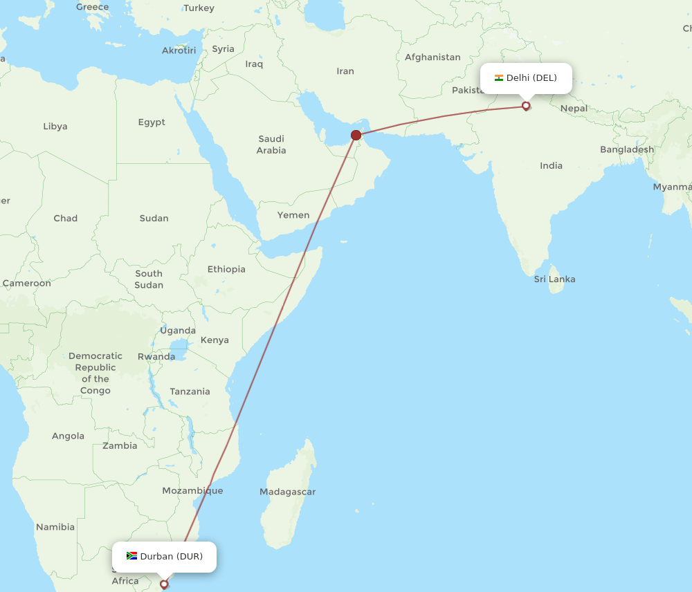 DEL to DUR flights and routes map