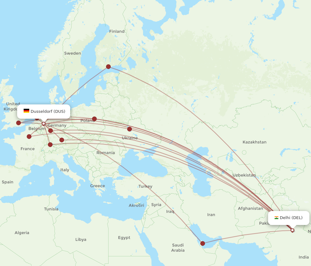 DEL to DUS flights and routes map