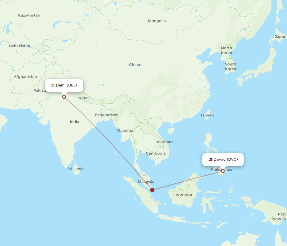 Davao - Delhi route map and flight paths