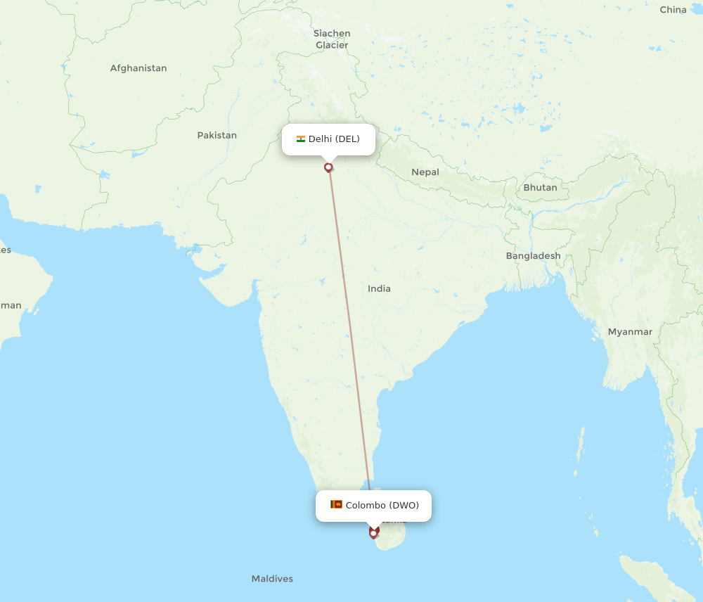 Colombo - Delhi route map and flight paths