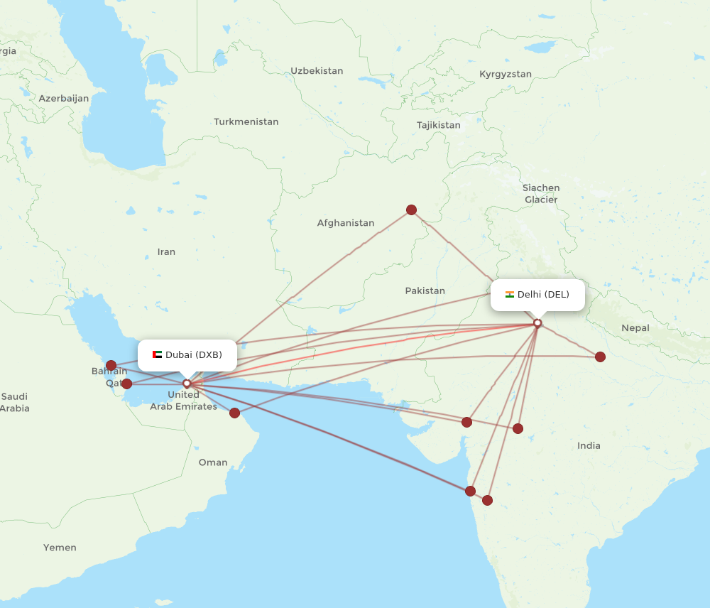 DEL to DXB flights and routes map
