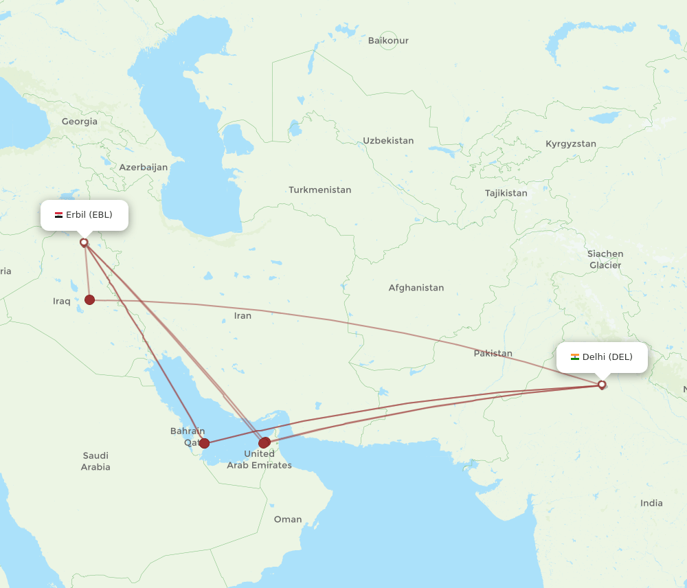 DEL to EBL flights and routes map