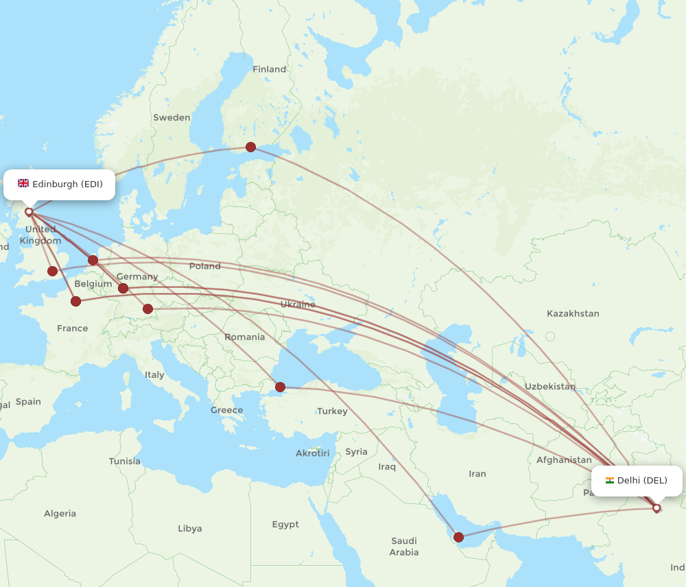 DEL to EDI flights and routes map