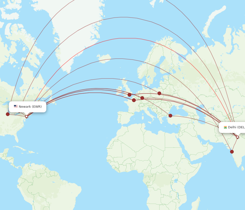 DEL to EWR flights and routes map