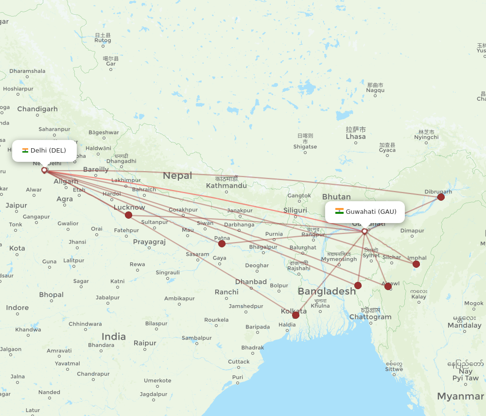 DEL to GAU flights and routes map