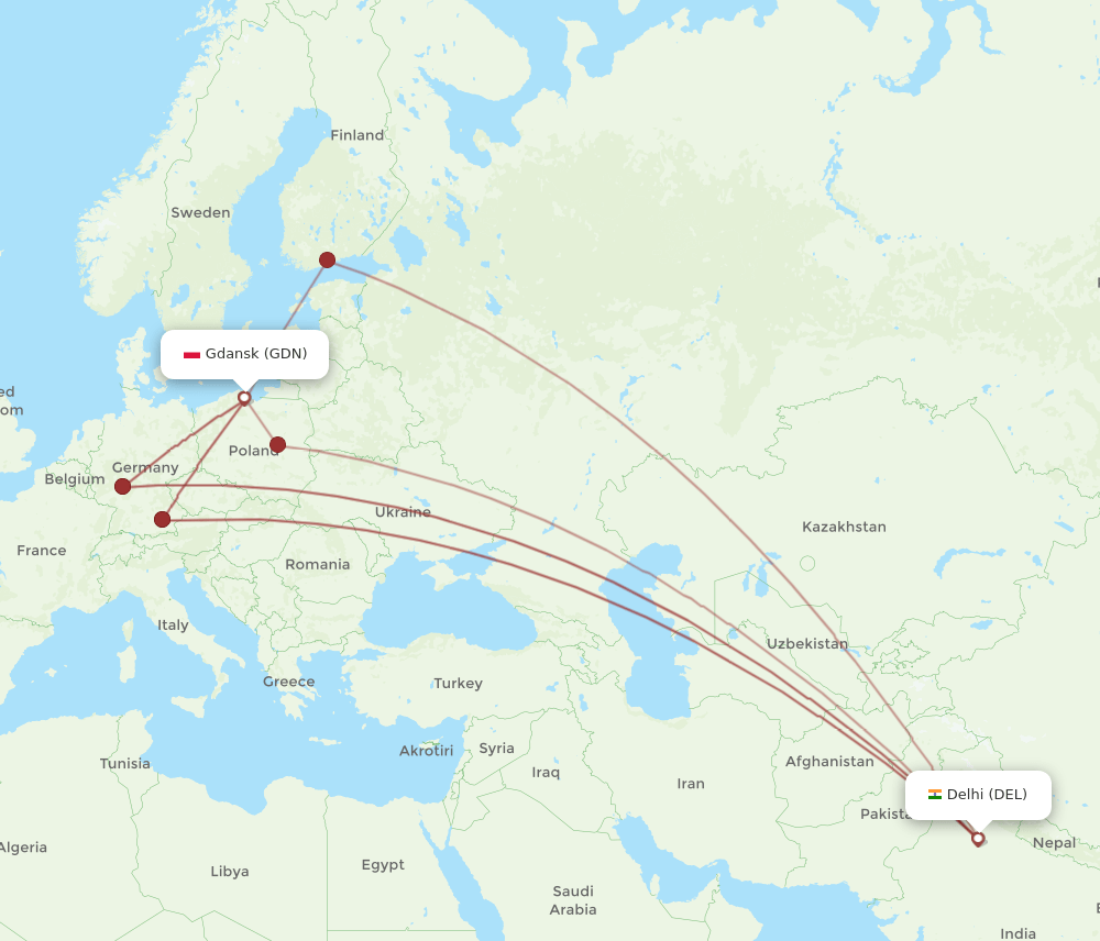 DEL-GDN flight routes