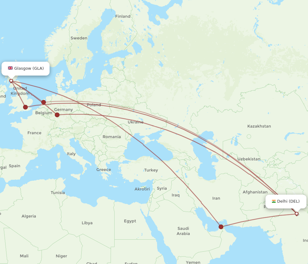 DEL to GLA flights and routes map
