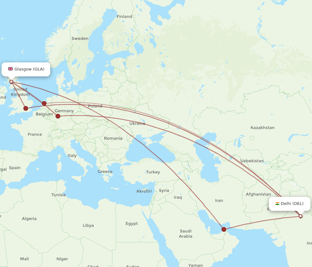 DEL-GLA flight routes
