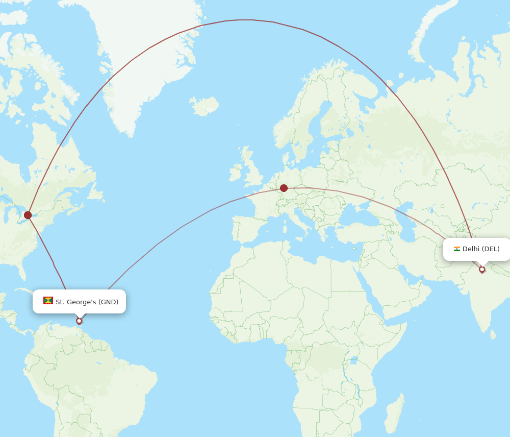 St. George's - Delhi route map and flight paths