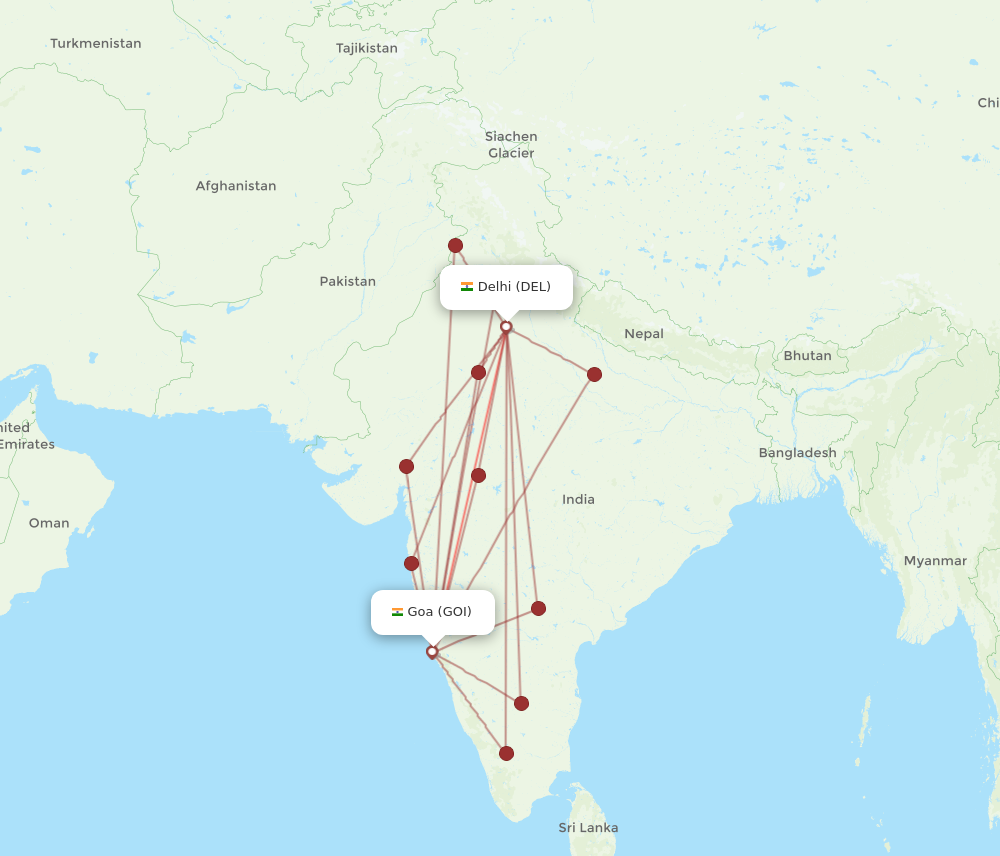 DEL to GOI flights and routes map