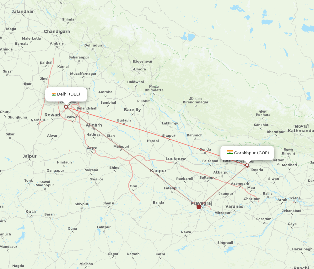 Delhi - Gorakhpur route map and flight paths