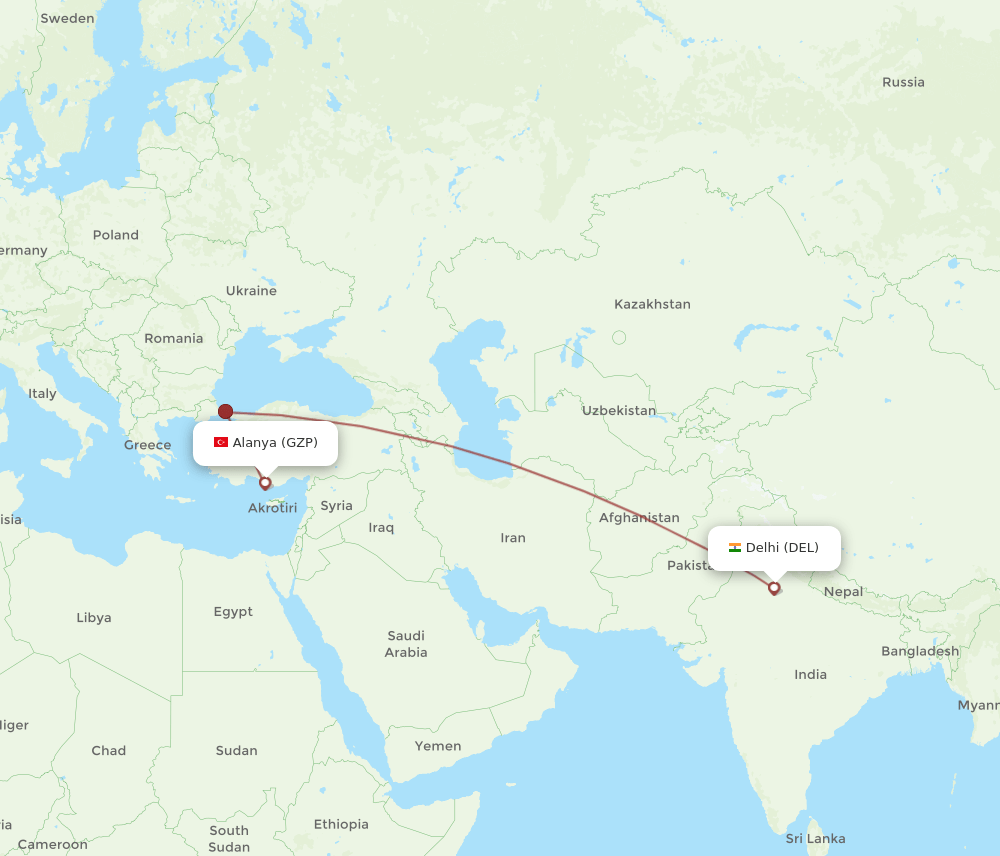 DEL-GZP flight routes