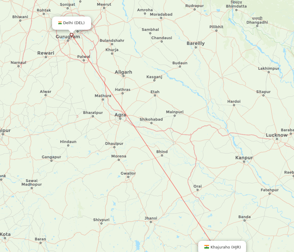 Delhi - Khajuraho route map and flight paths