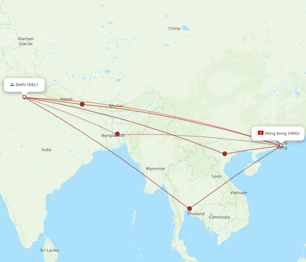 DEL to HKG flights and routes map