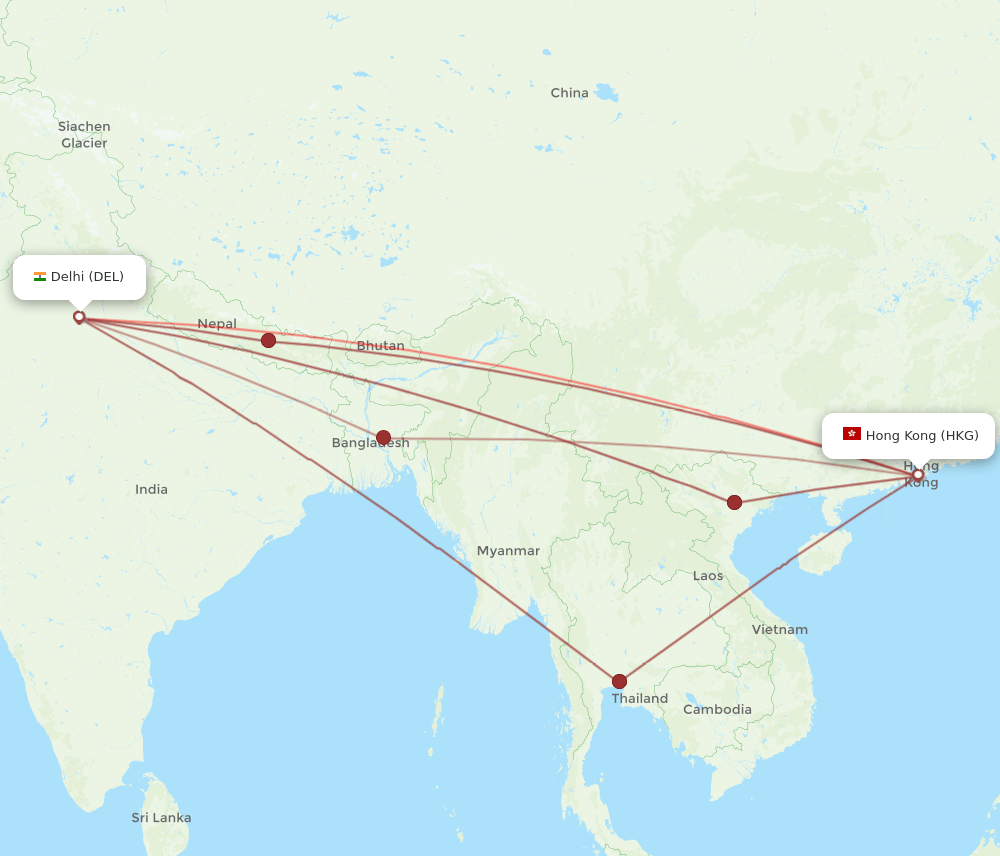 DEL to HKG flights and routes map