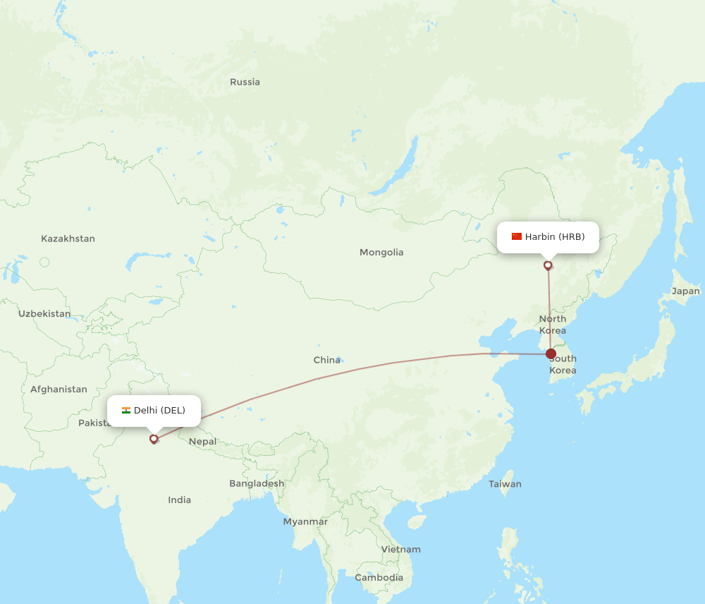 Harbin - Delhi route map and flight paths
