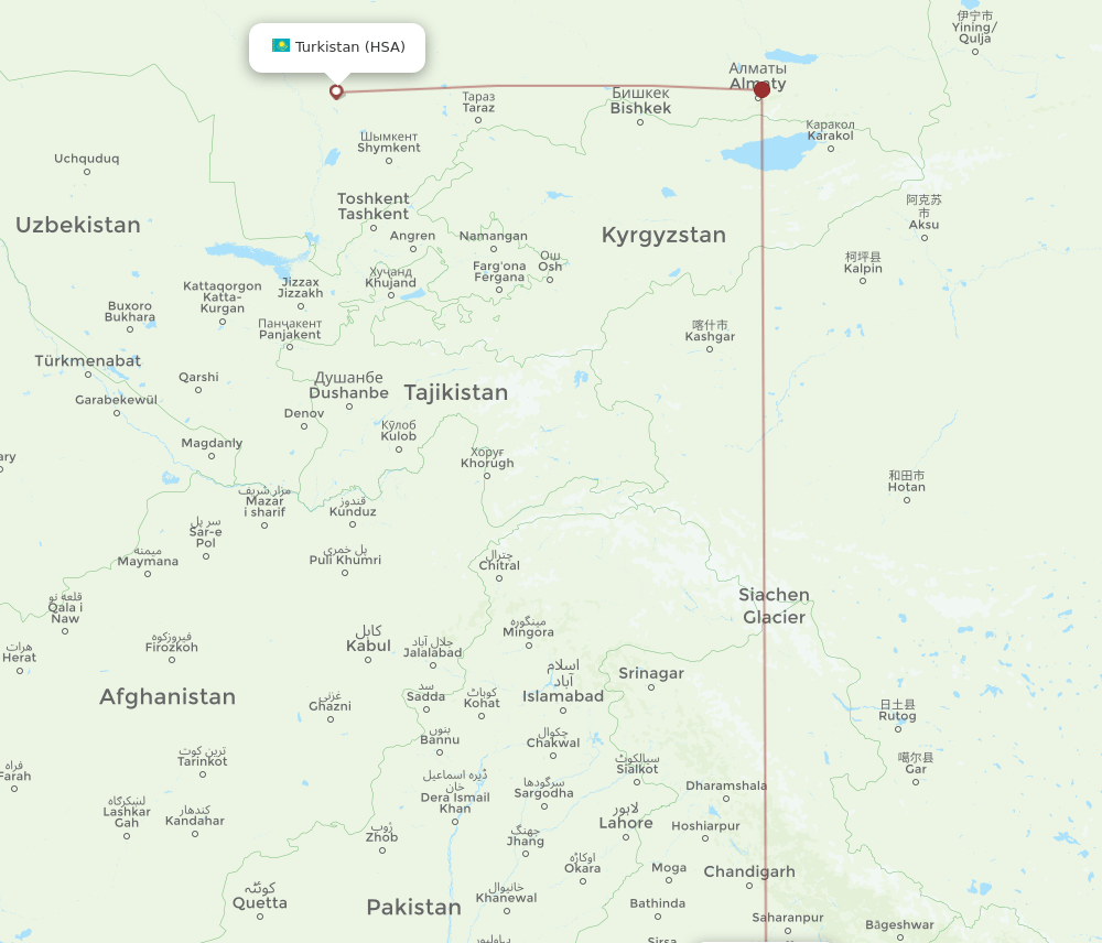 Turkistan - Delhi route map and flight paths