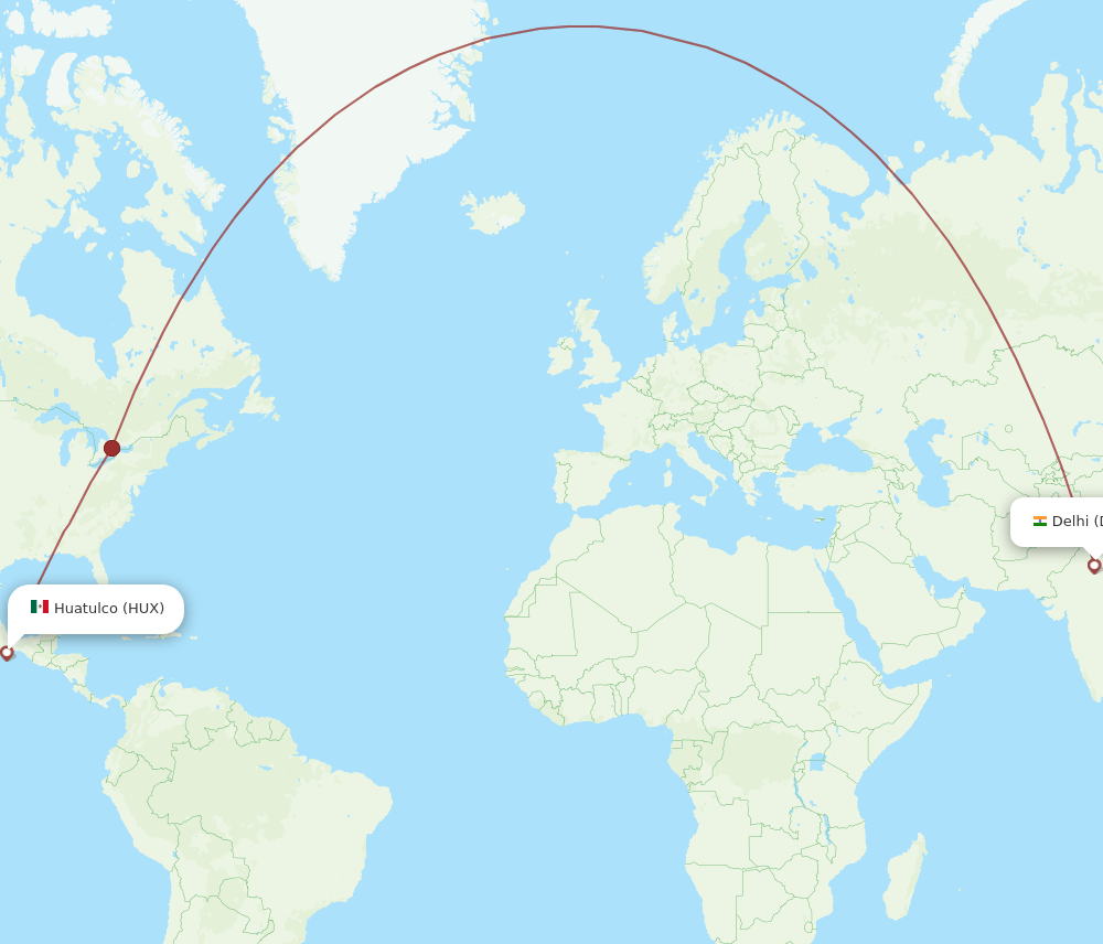 Huatulco - Delhi route map and flight paths