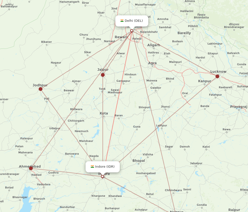 DEL to IDR flights and routes map