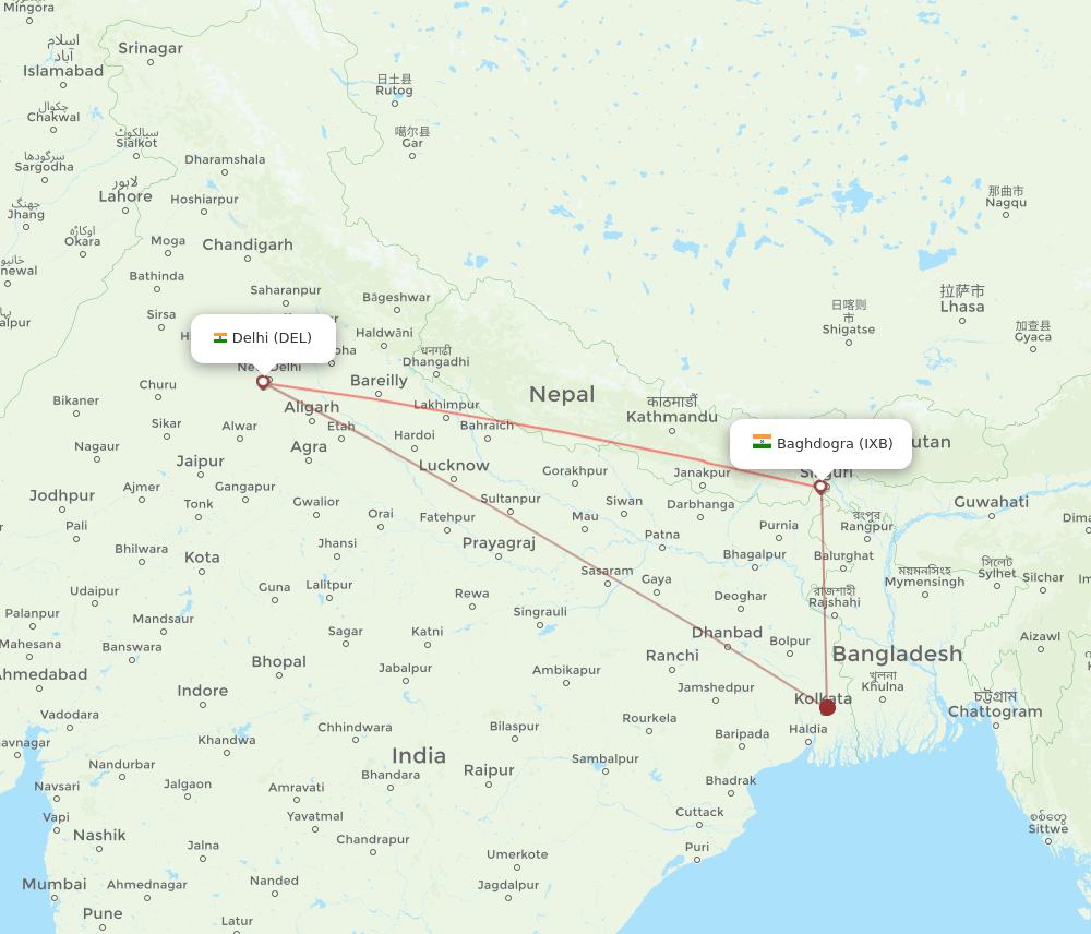 DEL to IXB flights and routes map