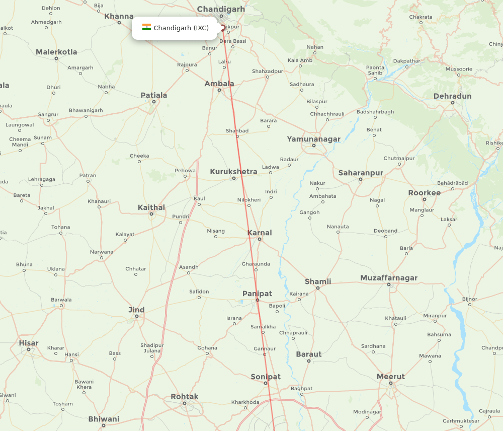Delhi - Chandigarh route map and flight paths