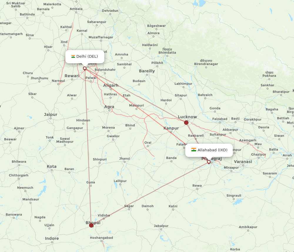 Delhi - Allahabad route map and flight paths