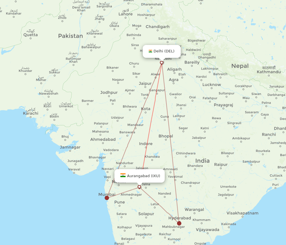 DEL to IXU flights and routes map