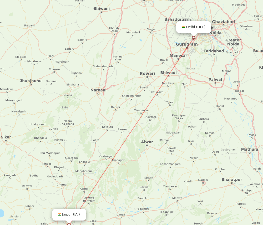 Delhi - Jaipur route map and flight paths