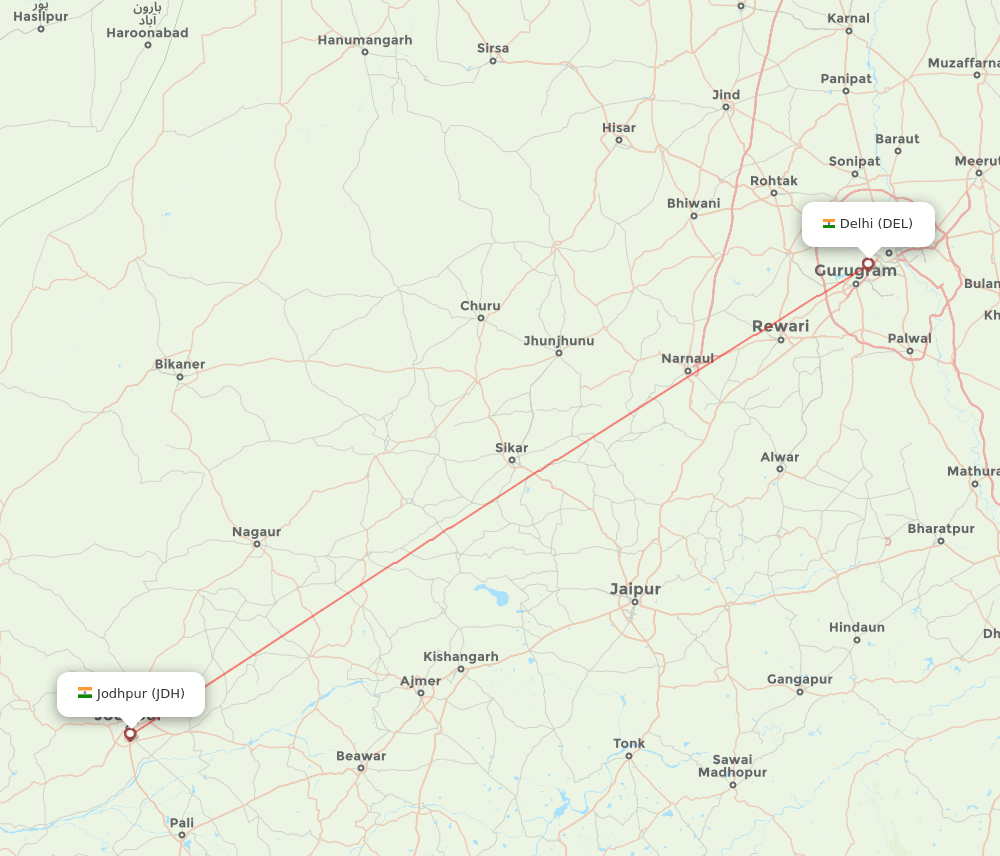 DEL to JDH flights and routes map