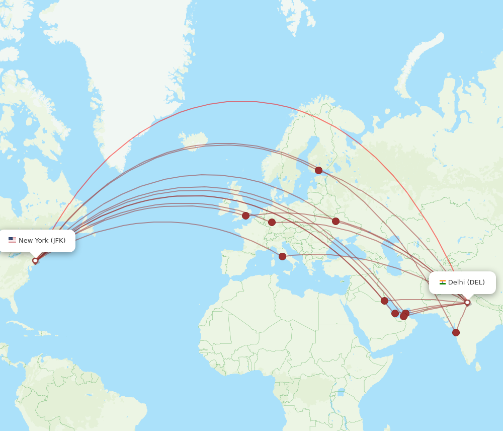 DEL to JFK flights and routes map