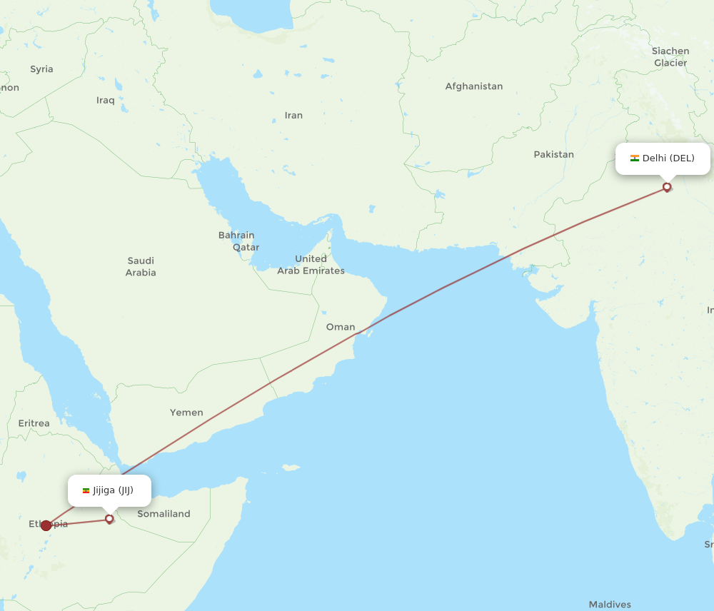 DEL to JIJ flights and routes map