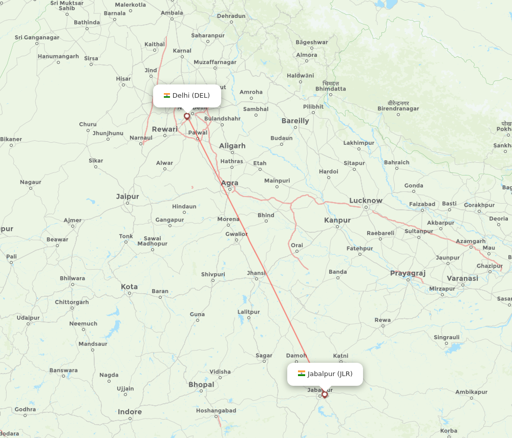 DEL to JLR flights and routes map