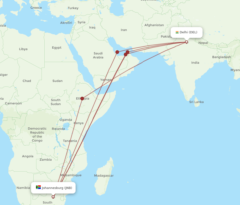 DEL-JNB flight routes