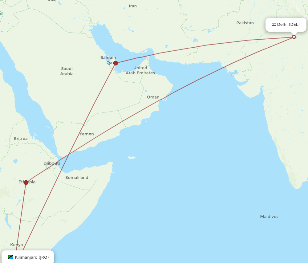 DEL to JRO flights and routes map