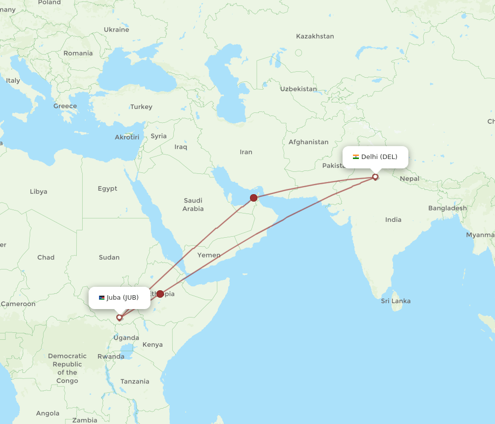 DEL to JUB flights and routes map