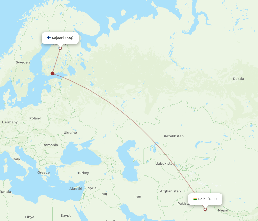Kajaani - Delhi route map and flight paths