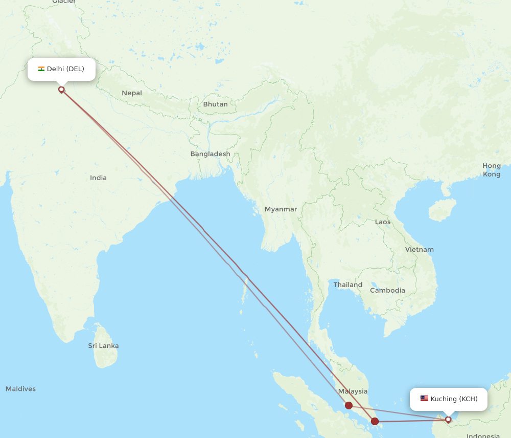 DEL to KCH flights and routes map