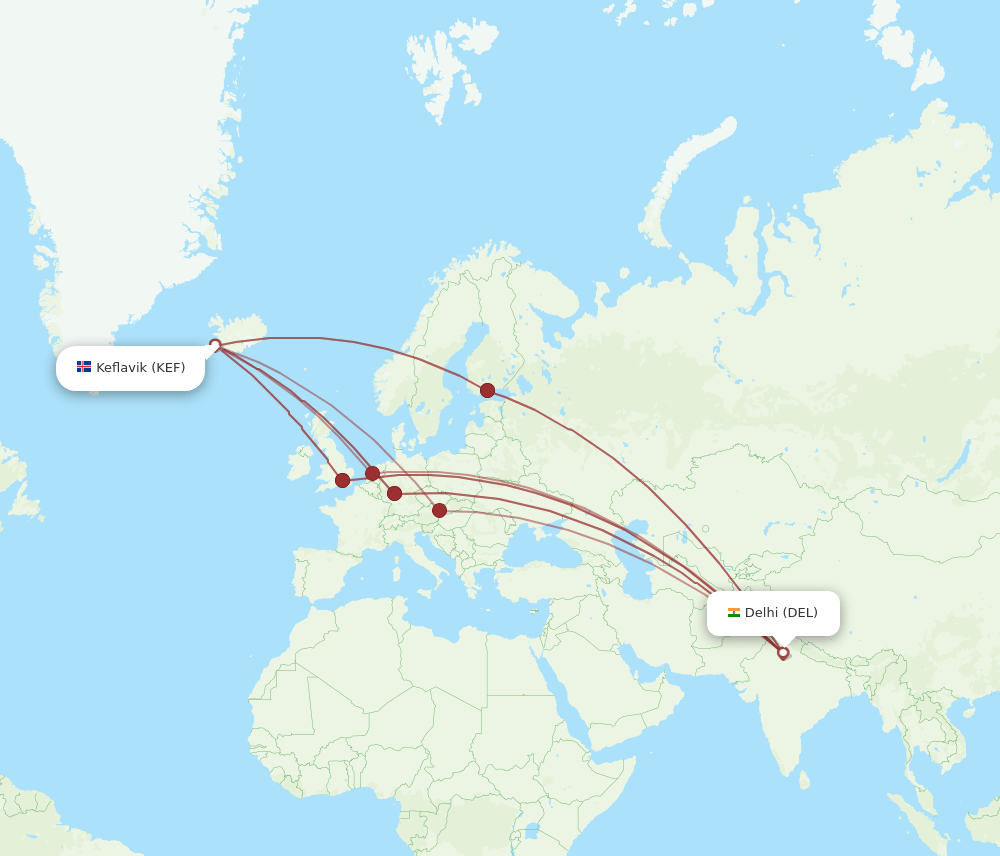 DEL to KEF flights and routes map